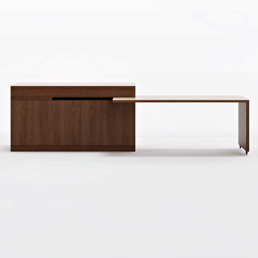 Îlot de cuisine extensible de 2050 mm à 2680 mm avec portes et tiroirs, dessus en pierre frittée en noyer image de fenêtre