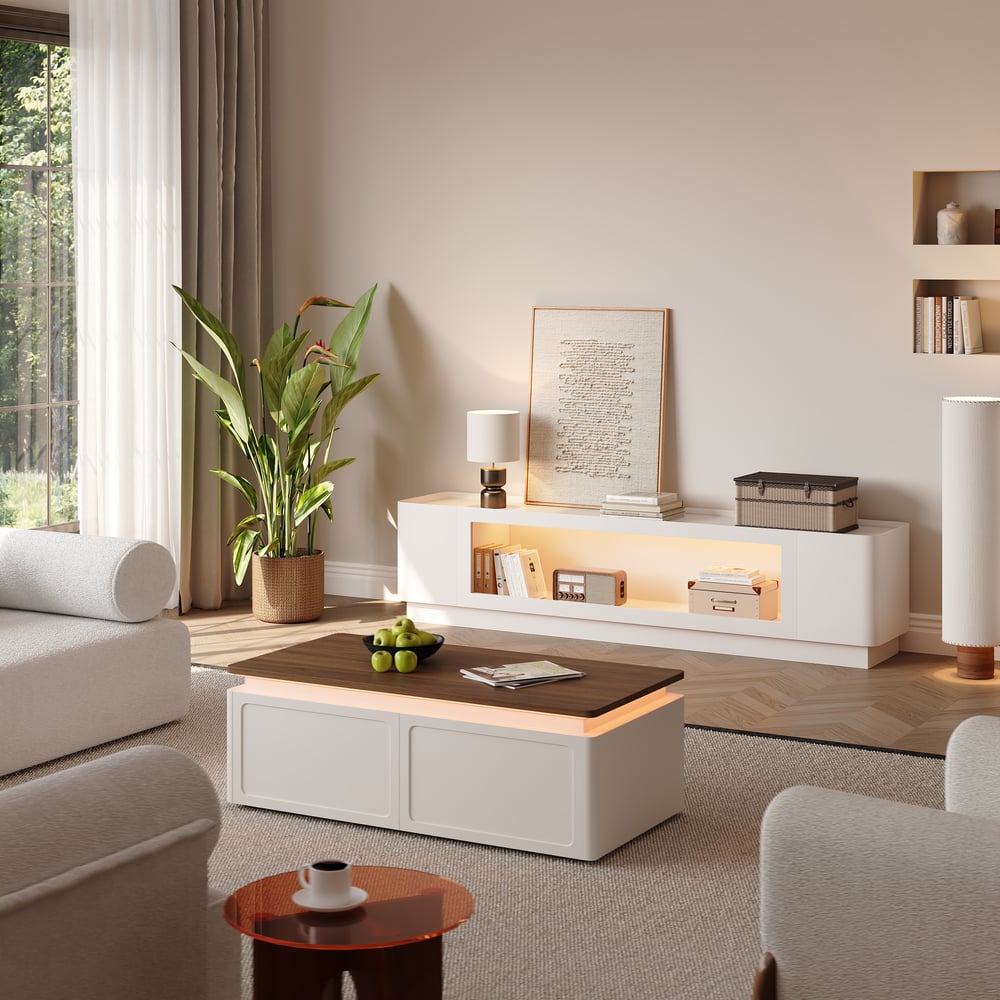 79" White Glass Door TV Stand with Storage and LED window image