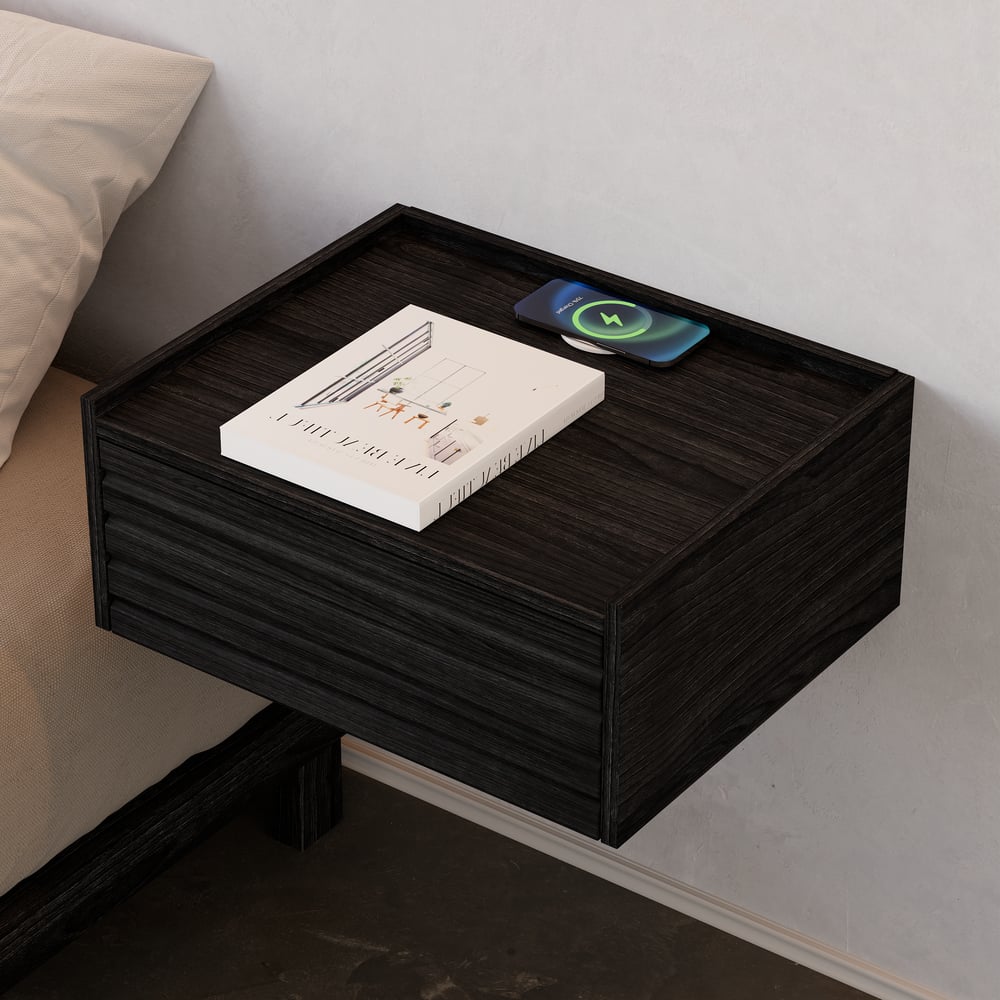 Mesita de noche flotante de madera con luz y estación de carga imagen de ventana