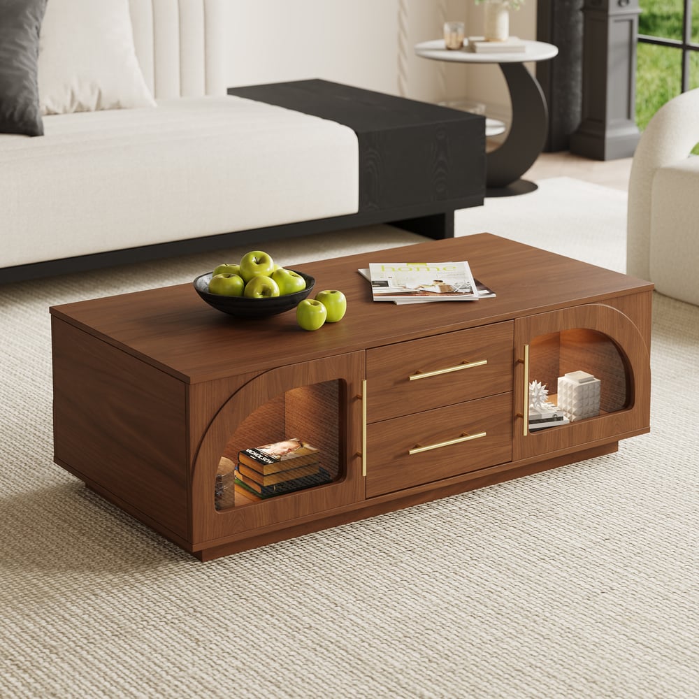 Konferenční stolek Arune 1200 mm s klenutými skleněnými dveřmi s úložným prostorem a LED obrázek okna