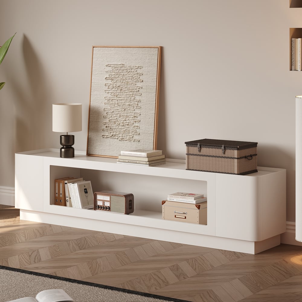 79" White Glass Door TV Stand with Storage and LED window image