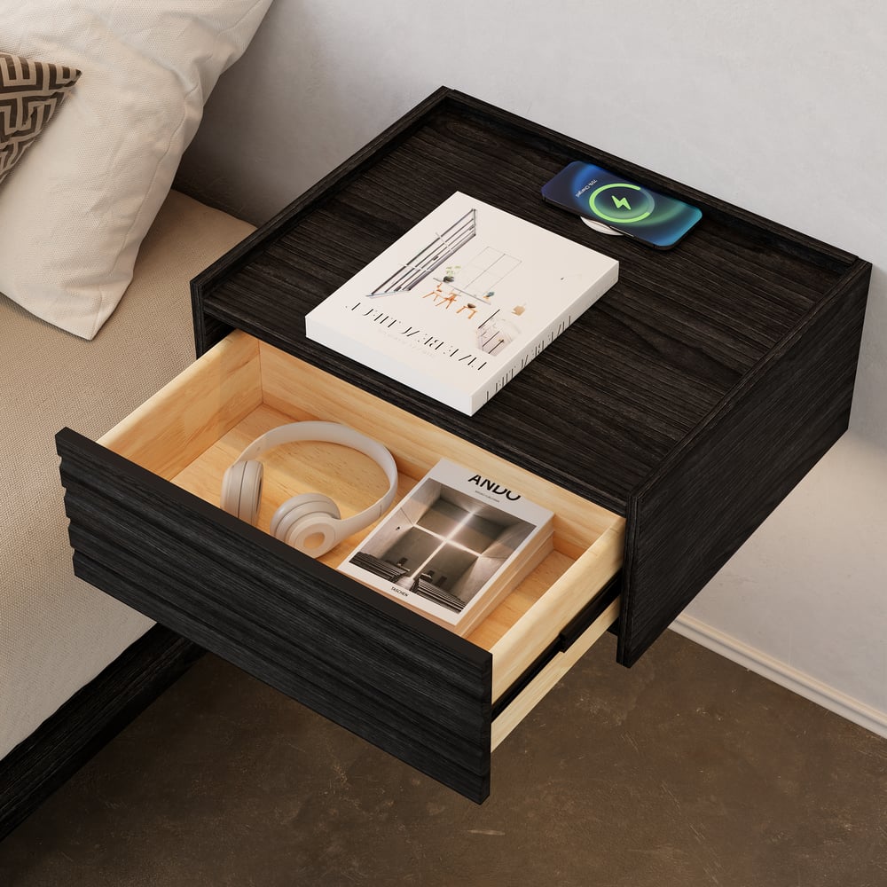 Mesita de noche flotante de madera con luz y estación de carga imagen de ventana