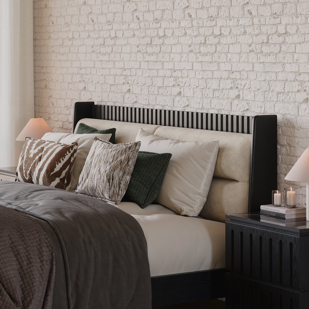 Modern Black Queen Size Solid Wood Bed with Boucle Headboard Pillows window image