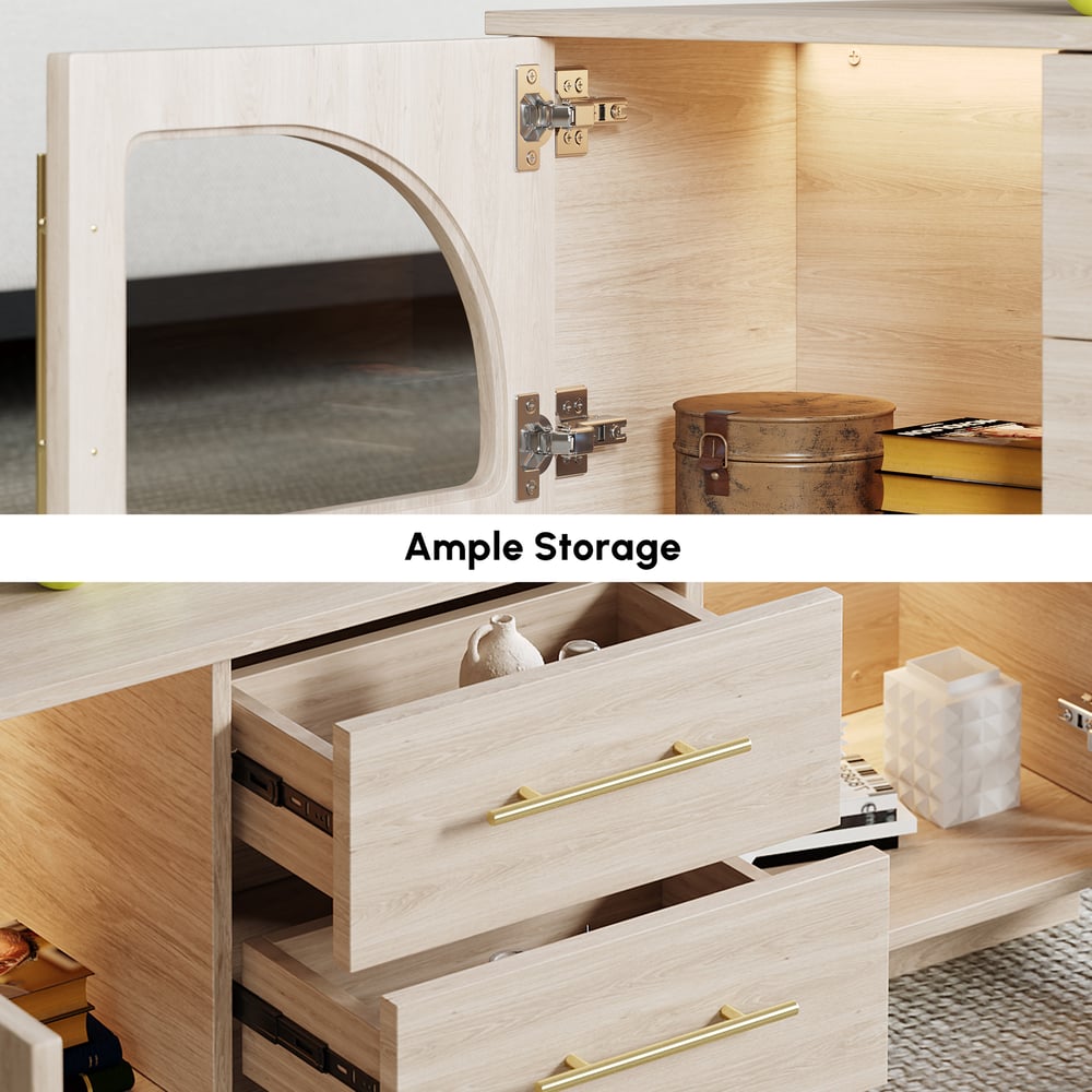 Arune 1200 mm salontafel met gebogen glazen deuren, opbergruimte en LED Vensterafbeelding