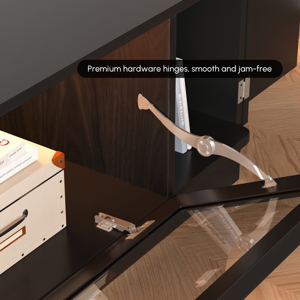 79" Black Glass Door TV Stand with Storage and LED window image