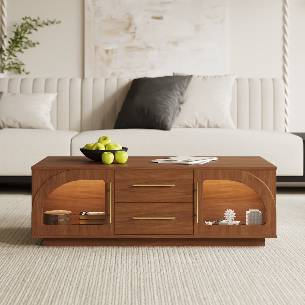 Konferenční stolek Arune 1200 mm s klenutými skleněnými dveřmi s úložným prostorem a LED obrázek okna