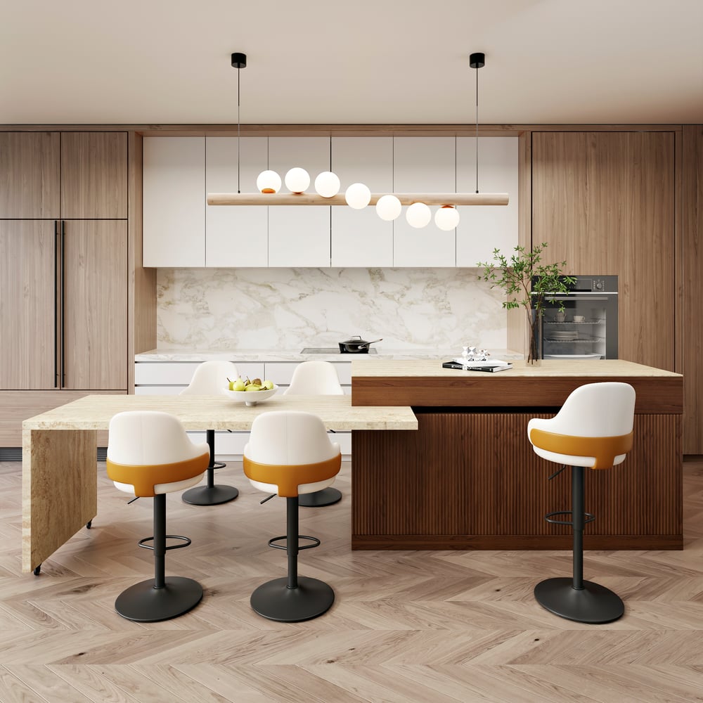 81''-106" Extendable Walnut Kitchen lsland with Doors&Drawers Marble Pattern Top window image