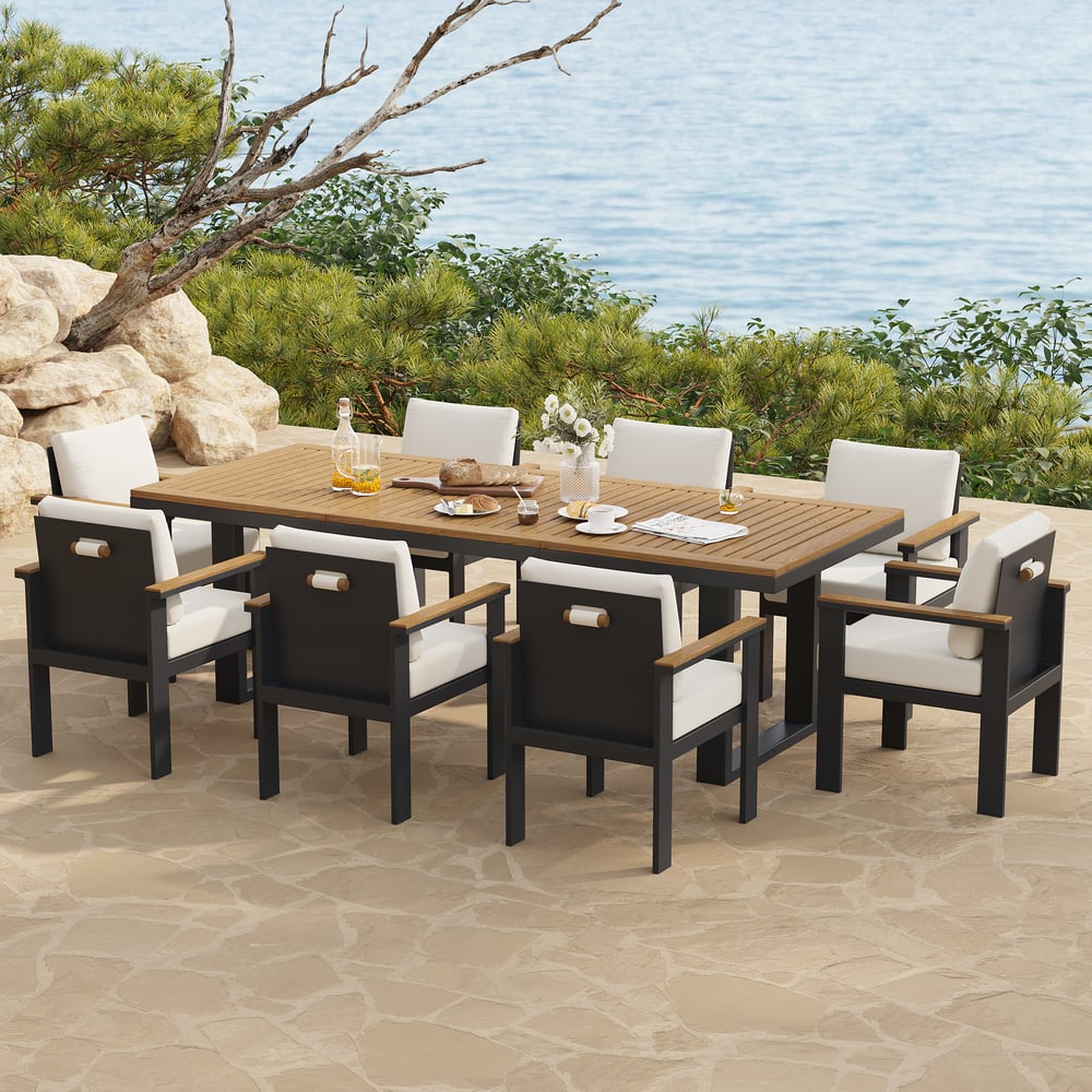 9 Pieces Rectangle Wood & Aluminum Outdoor Patio Dining Set for 8 Person window image