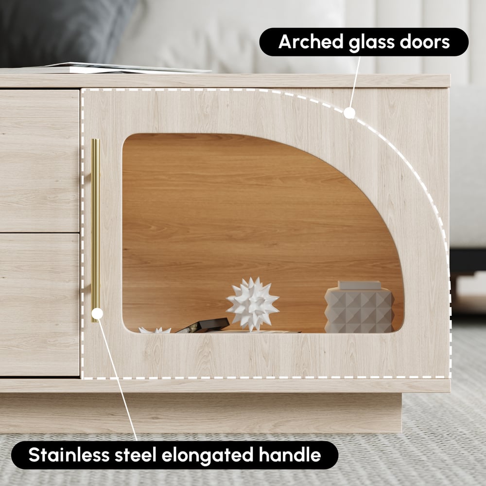 Arune 1200 mm salontafel met gebogen glazen deuren, opbergruimte en LED Vensterafbeelding