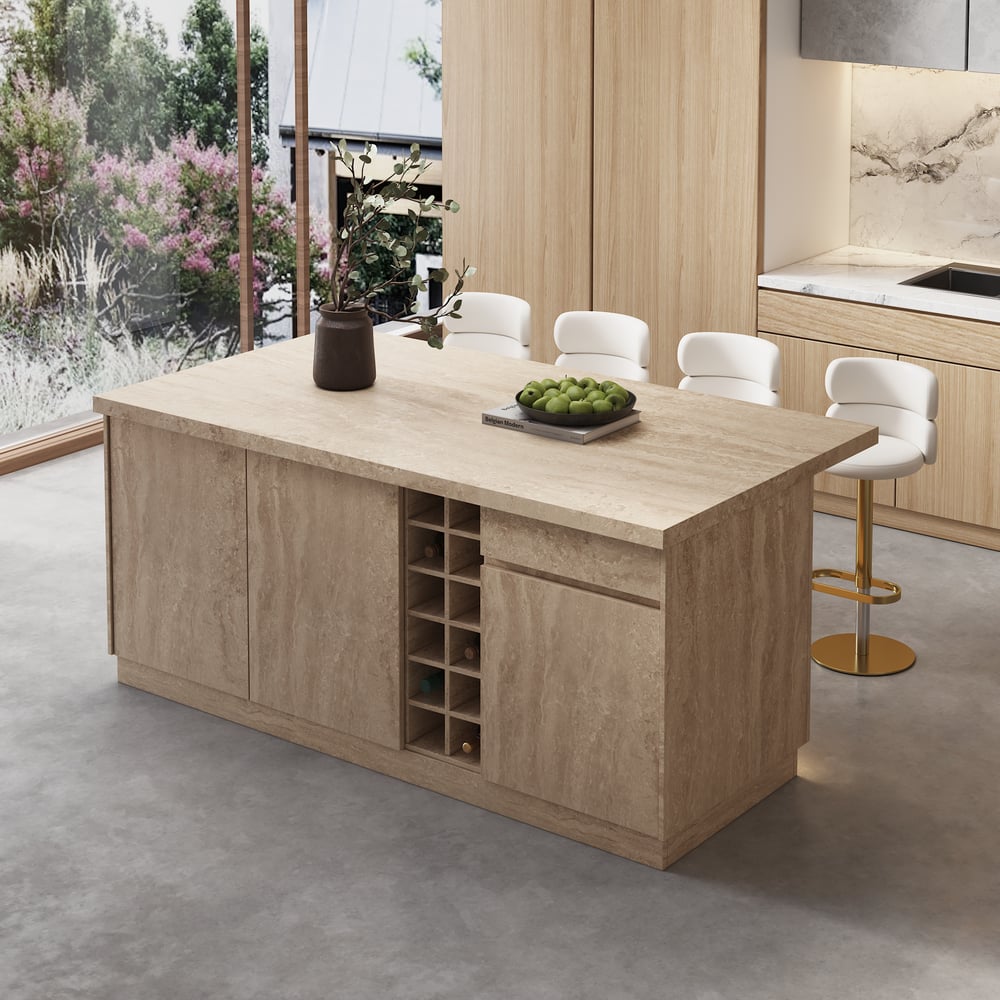 72" Japandi Style Wood Kitchen Island with Multi-Storage and LED Light Matte Travertine window image