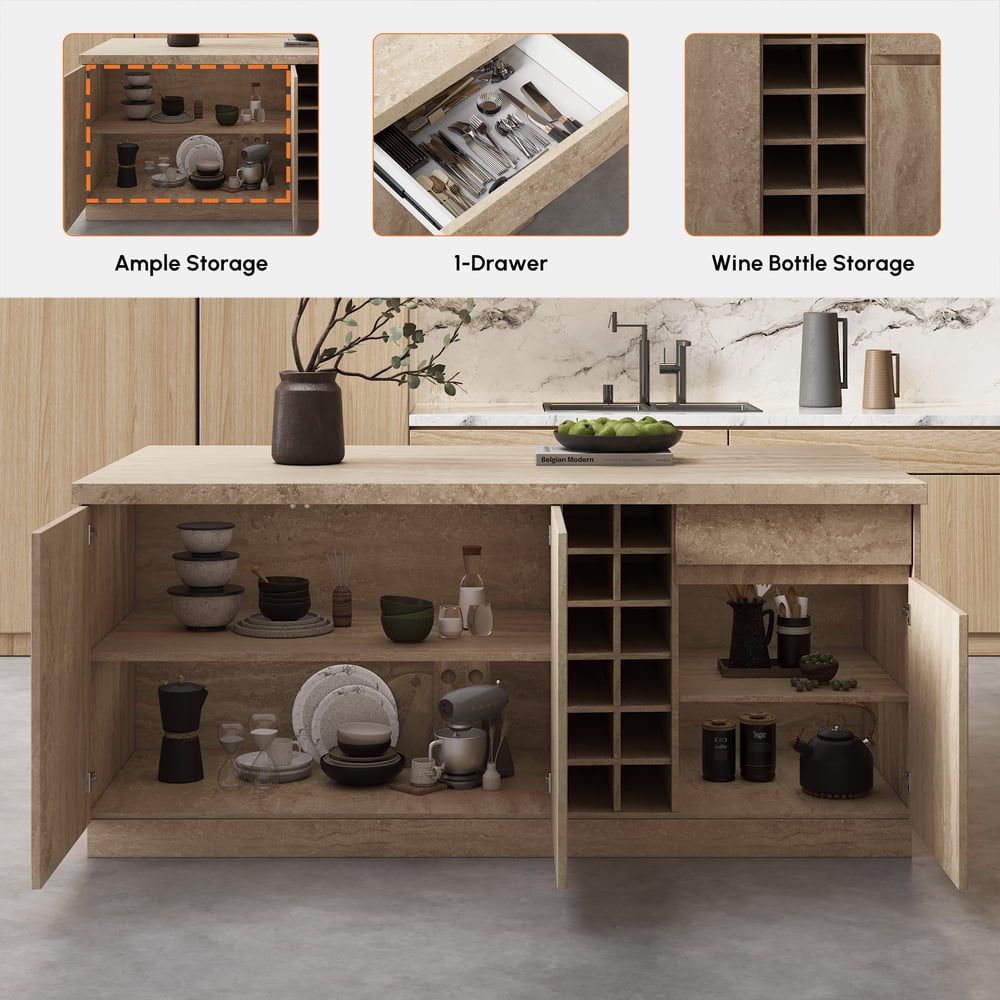 Island & Stool Set 72" Japandi Wood Kitchen Island with 2 Counter Stools window image