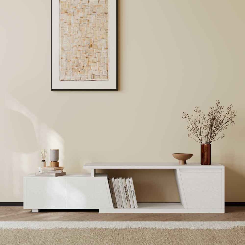 Fero White Extendable TV Stand with 3 Drawers(47"-71") window image