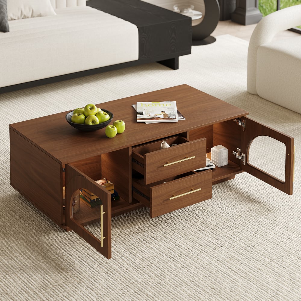 Konferenční stolek Arune 1200 mm s klenutými skleněnými dveřmi s úložným prostorem a LED obrázek okna