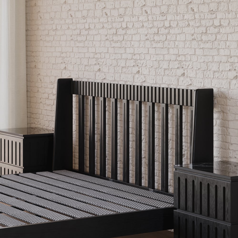 Modern Black Queen Size Solid Wood Bed with Boucle Headboard Pillows window image