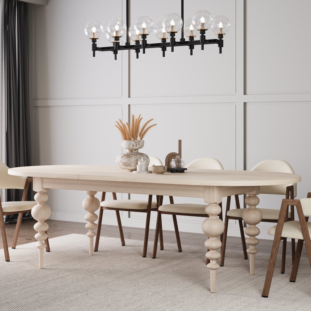 79"-94" Mid-Century Oval Extendable Dining Table Whitewash Seats 6-10 People window image