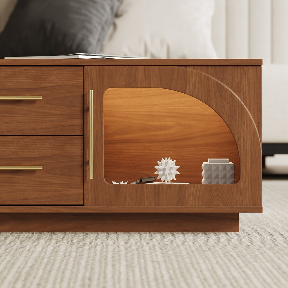 Konferenční stolek Arune 1200 mm s klenutými skleněnými dveřmi s úložným prostorem a LED obrázek okna