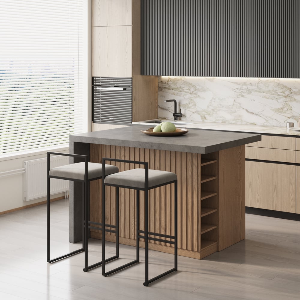 50" Modern Kitchen Island Gray Laminate & 2 Counter Stools Set Storage Cabinet window image