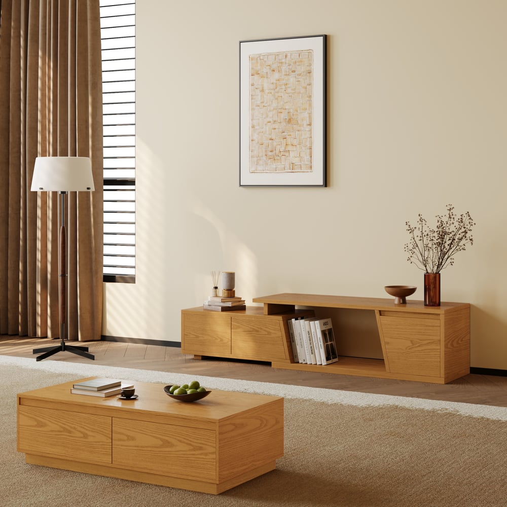 Meuble TV extensible Fero Natural avec 3 tiroirs (1200 mm-1800 mm) image de fenêtre