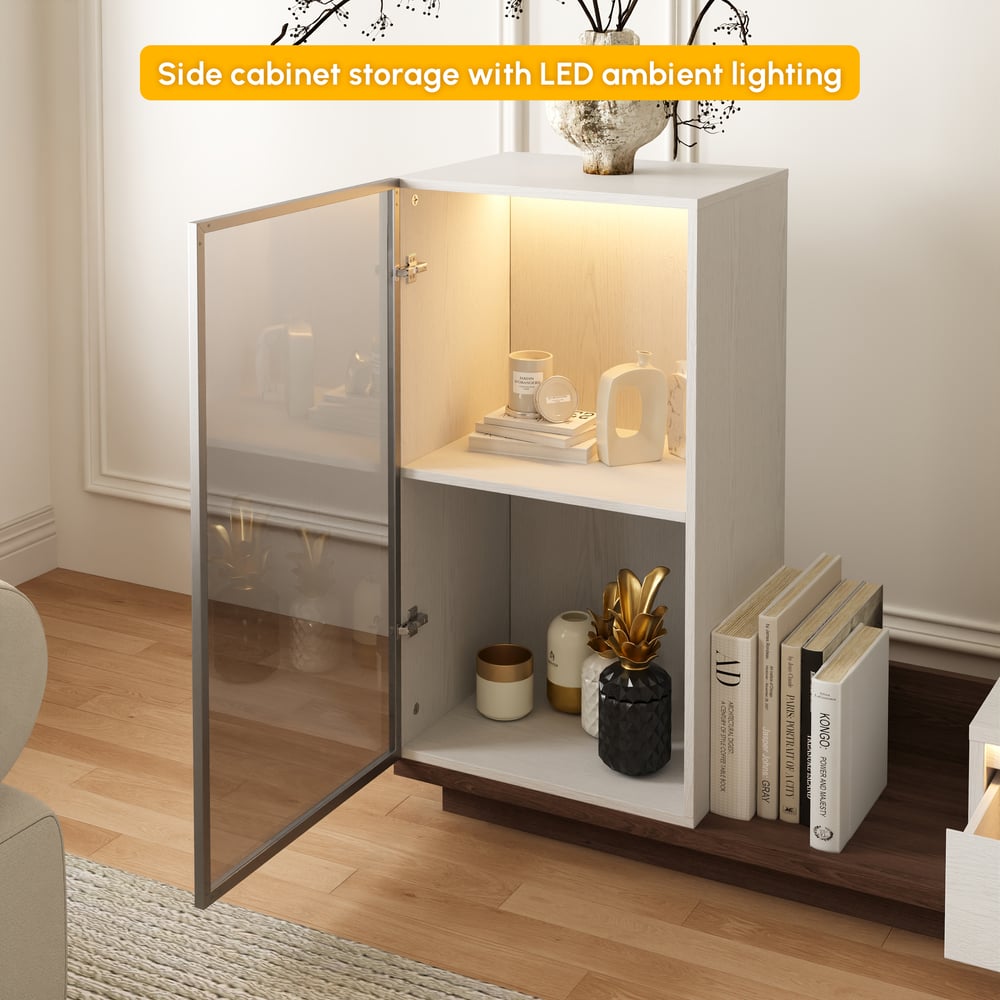 Fero White & Walnut Extendable TV Stand with Bookcase & LED Lighting(98"-155") window image
