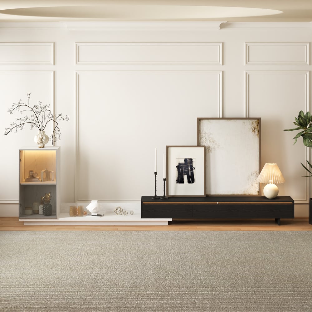 Fero White & Black Extendable TV Stand with Bookcase & LED Lighting(98"-155") window image