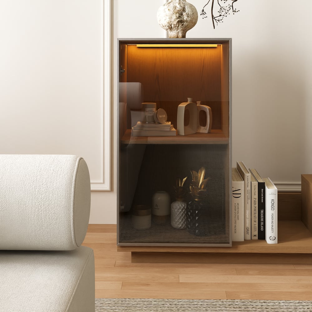 Fero Natural Extendable TV Stand with Bookcase & LED Lighting(98"-155") window image