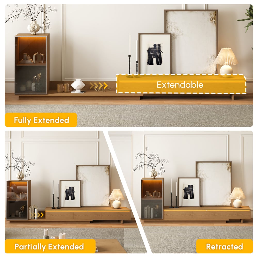 Fero Natural Extendable TV Stand with Bookcase & LED Lighting(98"-155") window image