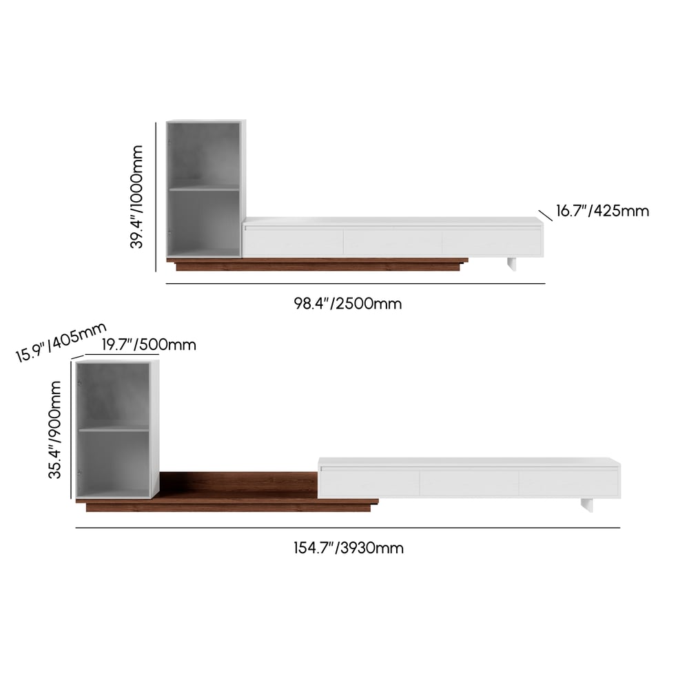 Fero White & Walnut Extendable TV Stand with Bookcase & LED Lighting(98"-155") weights dimensions image