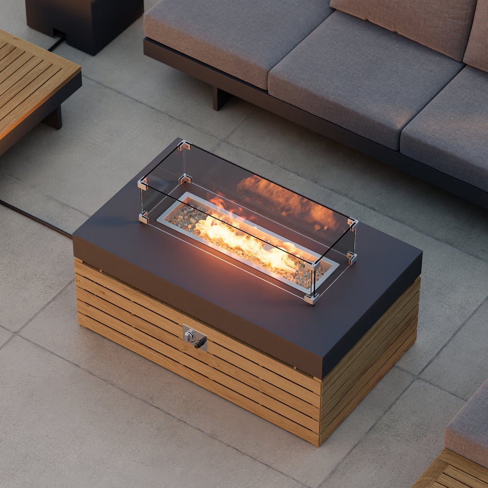 5-Pieces Modular Teak Outdoor Sofa Set with Smokeless Fire Pit for 6 Person in Gray window image