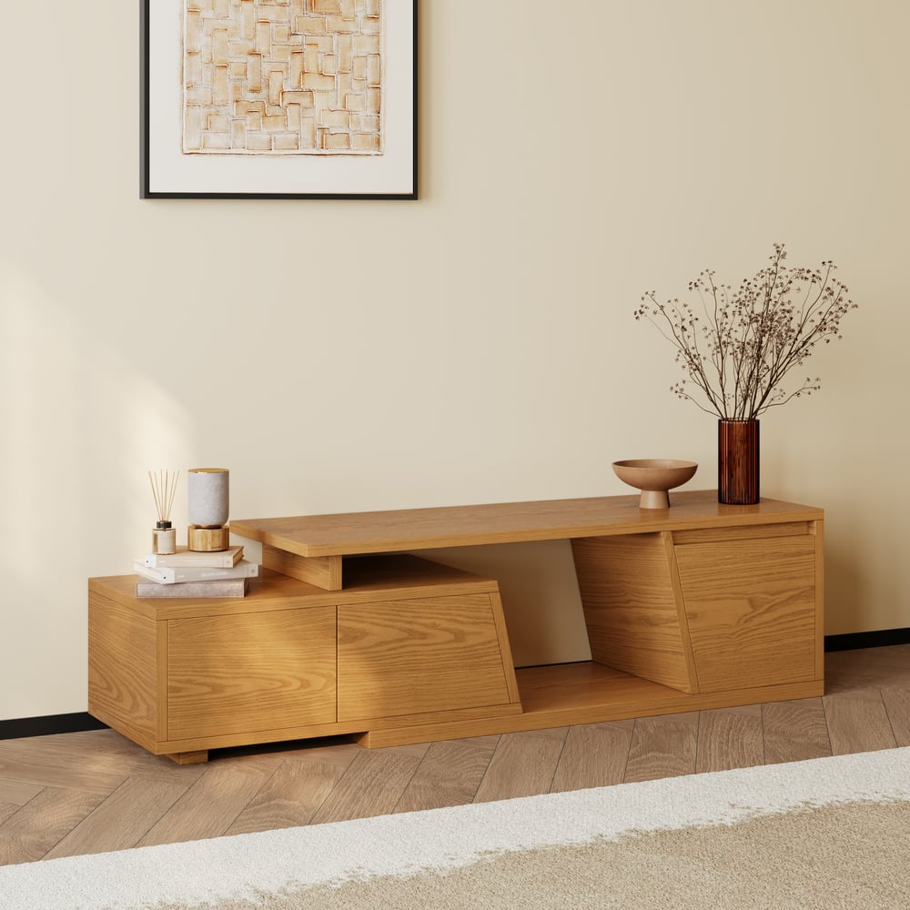 Meuble TV extensible Fero Natural avec 3 tiroirs (1200 mm-1800 mm) image de fenêtre