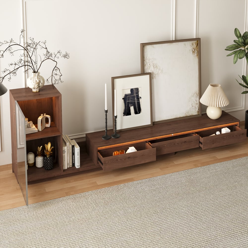 Fero Walnut Extendable TV Stand with Bookshelves & Light(2500mm-3930mm) window image