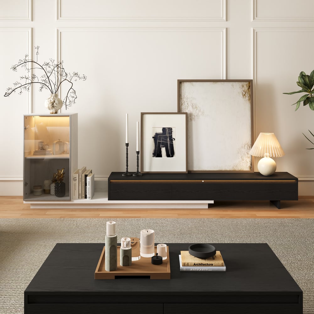 Fero White & Black Extendable TV Stand with Bookcase & LED Lighting(98"-155") window image