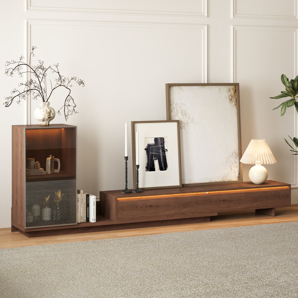 Fero Walnut Extendable TV Stand with Bookshelves & Light(2500mm-3930mm) window image