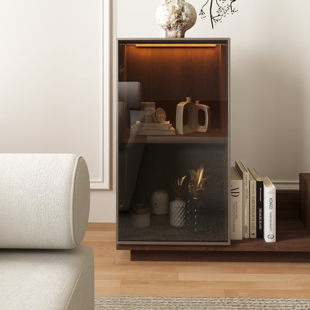 Fero Walnut Extendable TV Stand with Bookshelves & Light(2500mm-3930mm) window image