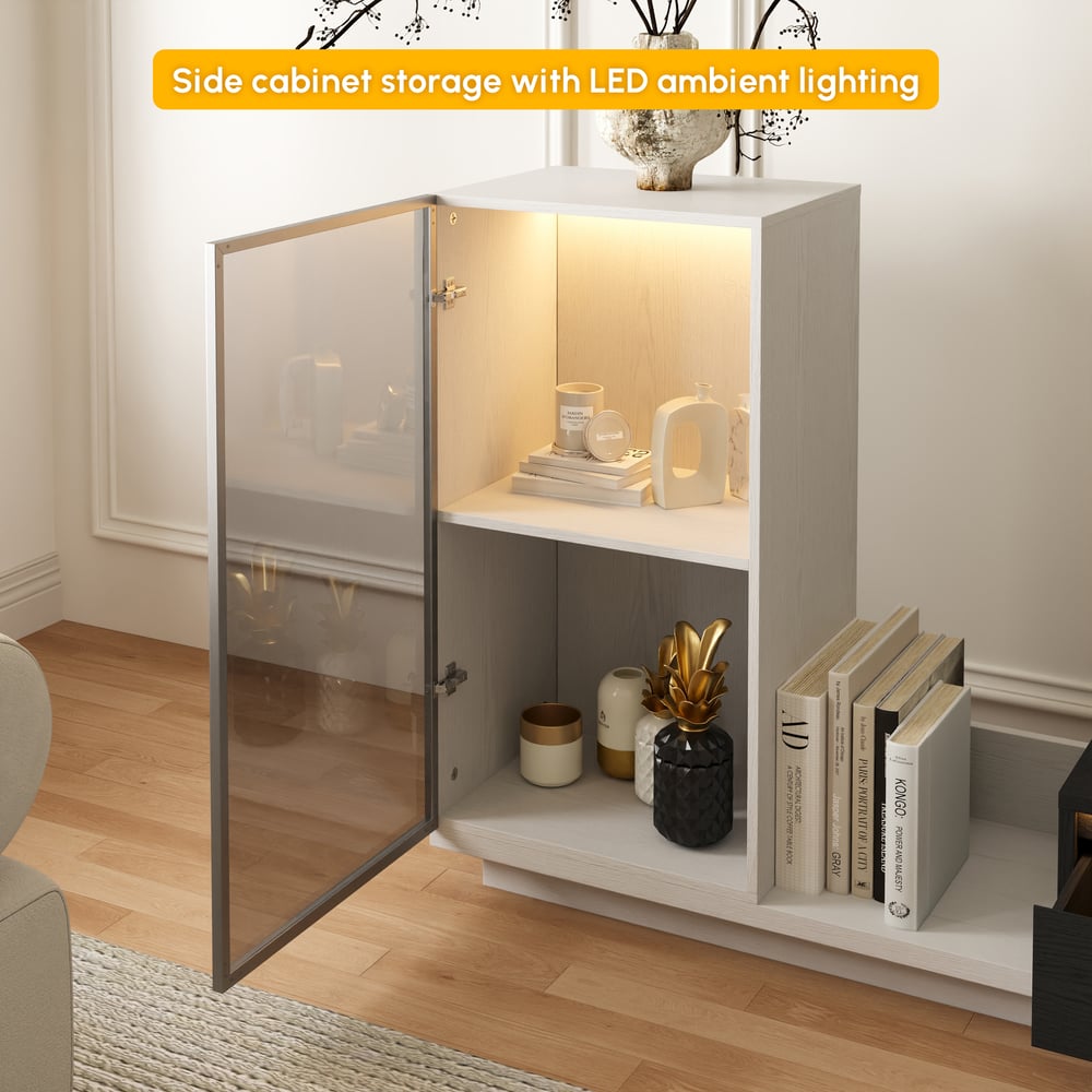 Fero White & Black Extendable TV Stand with Bookcase & LED Lighting(98"-155") window image