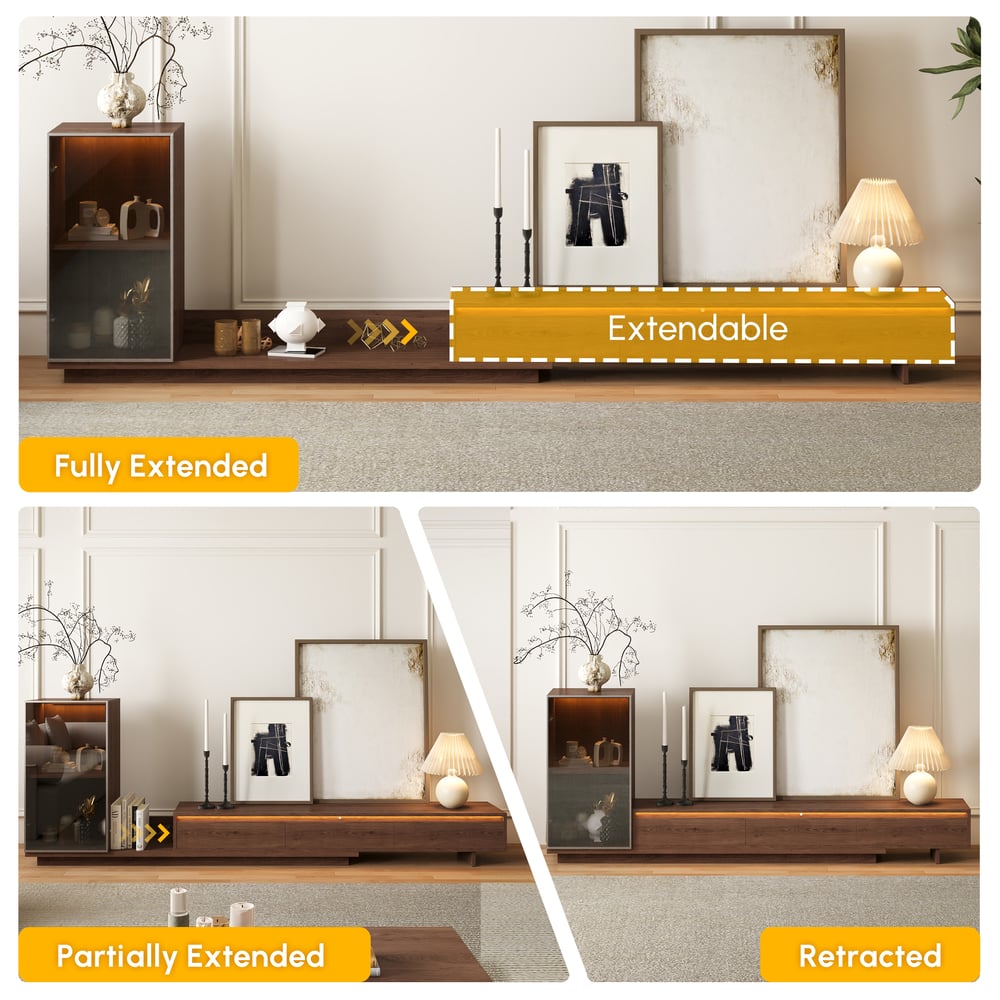 Fero Walnut Extendable TV Stand with Bookshelves & Light(2500mm-3930mm) window image