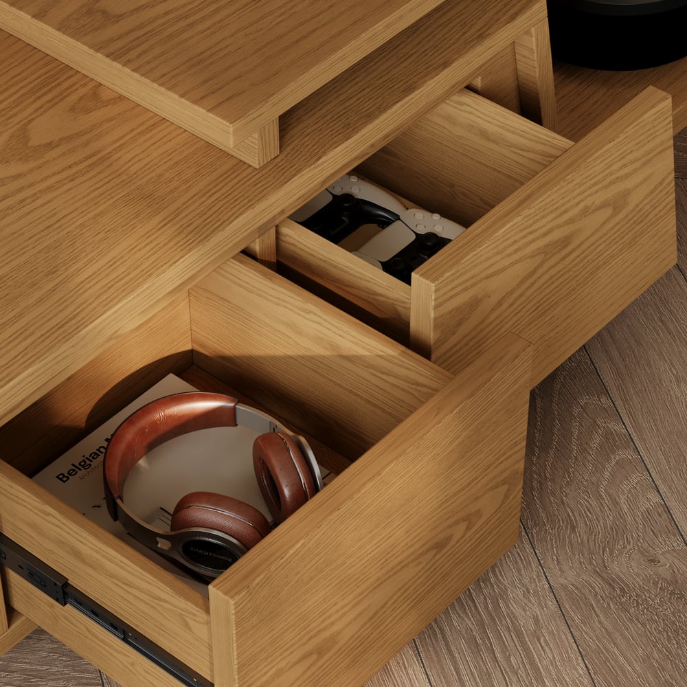 Meuble TV extensible Fero Natural avec 3 tiroirs (1200 mm-1800 mm) image de fenêtre