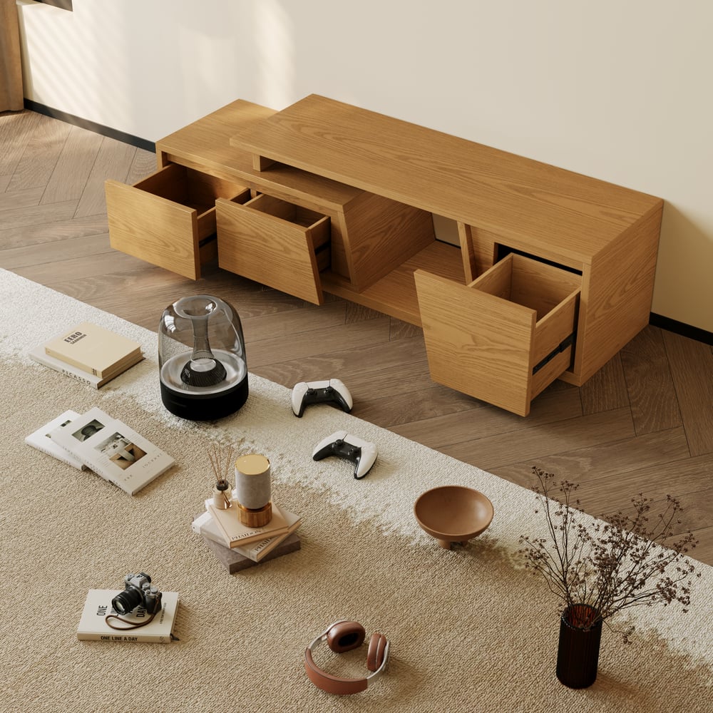 Meuble TV extensible Fero Natural avec 3 tiroirs (1200 mm-1800 mm) image de fenêtre