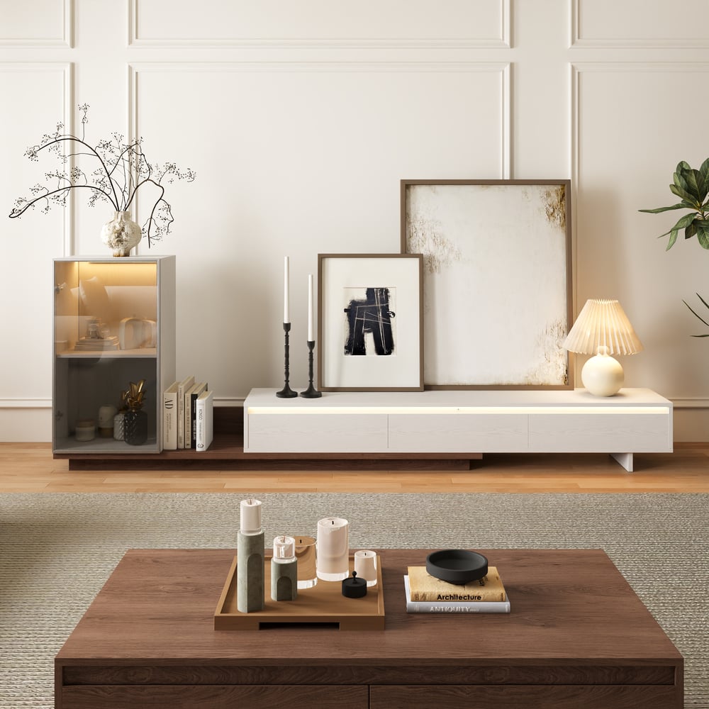 Fero White & Walnut Extendable TV Stand with Bookcase & LED Lighting(98"-155") window image