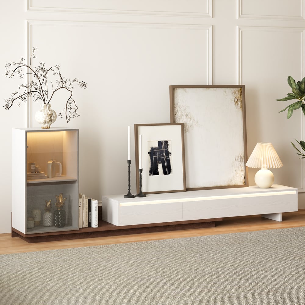 Fero White & Walnut Extendable TV Stand with Bookcase & LED Lighting(98"-155") window image