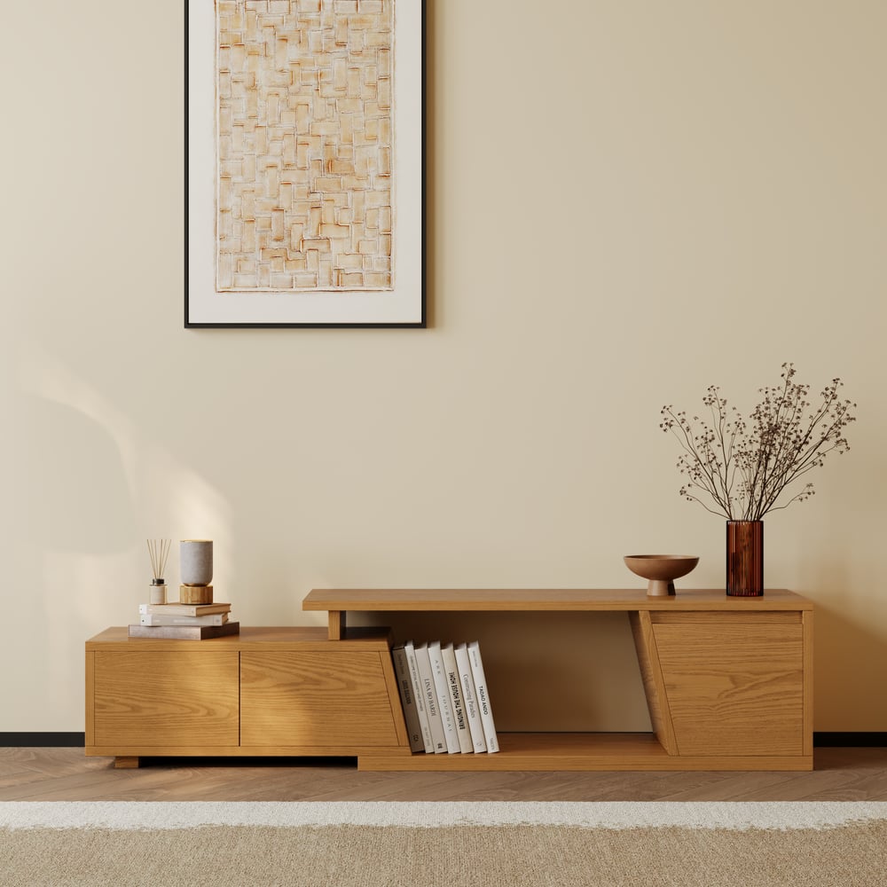 Meuble TV extensible Fero Natural avec 3 tiroirs (1200 mm-1800 mm) image de fenêtre