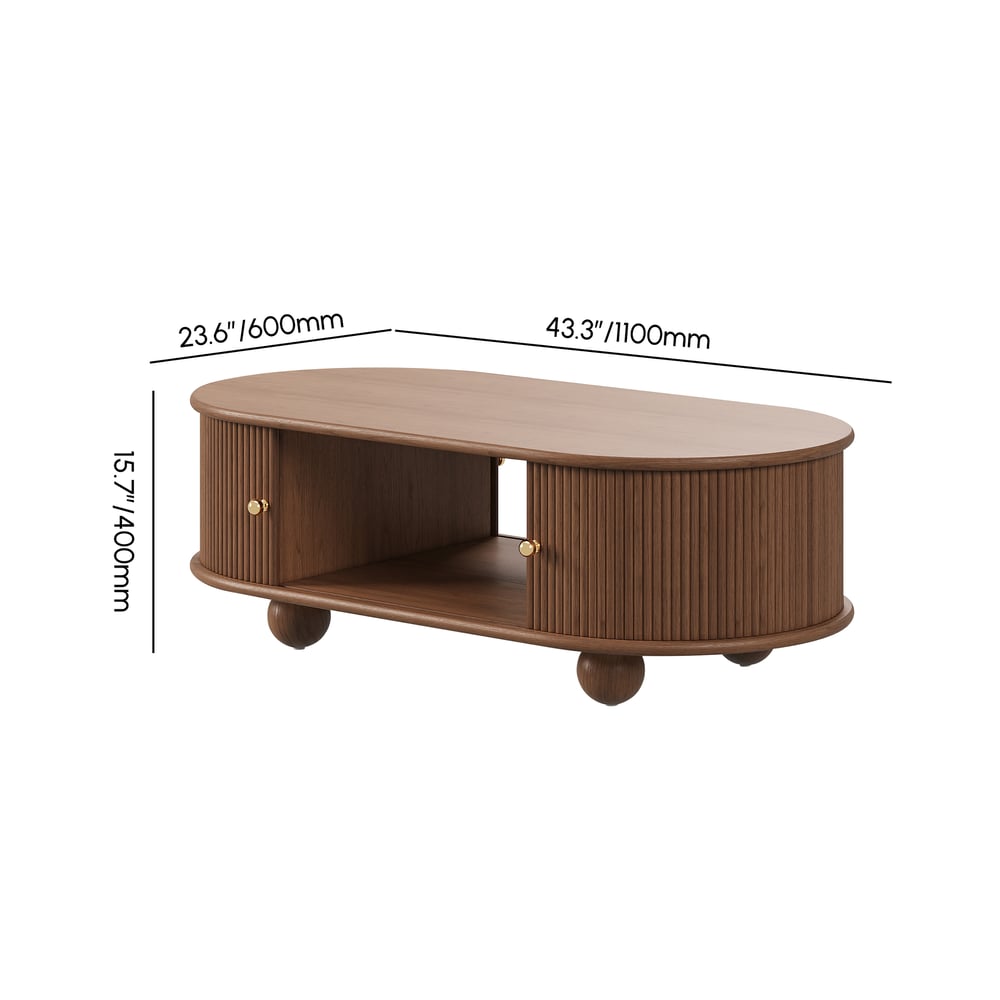 Mesa de café moderna oval de madeira maciça de nogueira de 1100 mm com armazenamento Imagem com pesos e dimensões