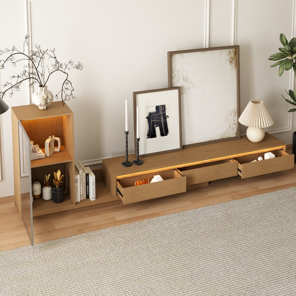 Fero Natural Extendable TV Stand with Bookcase & LED Lighting(98"-155") window image