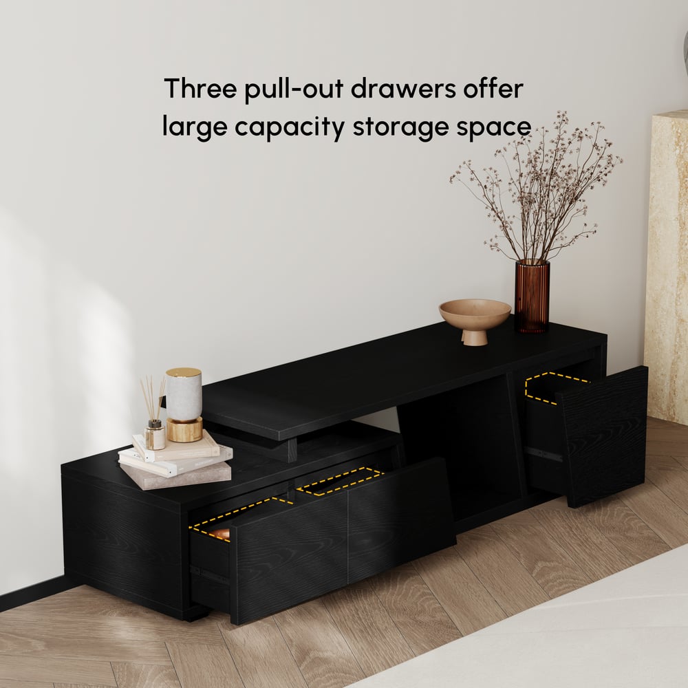 Fero Black Extendable TV Stand with 3 Drawers(1200mm-1800mm) window image