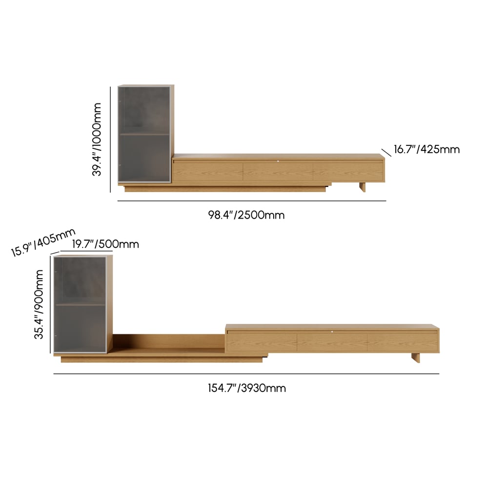 Fero Natural Extendable TV Stand with Bookcase & LED Lighting(98"-155") weights dimensions image