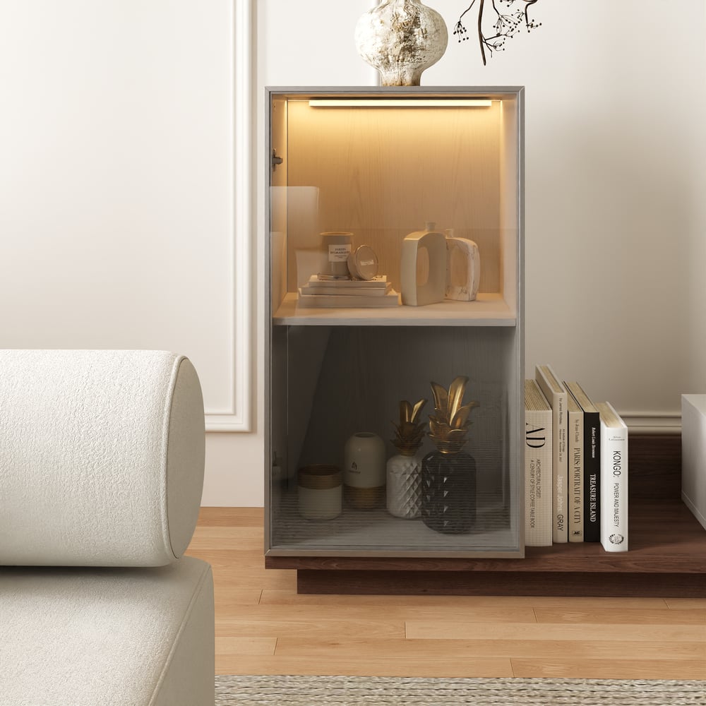 Fero White & Walnut Extendable TV Stand with Bookcase & LED Lighting(98"-155") window image