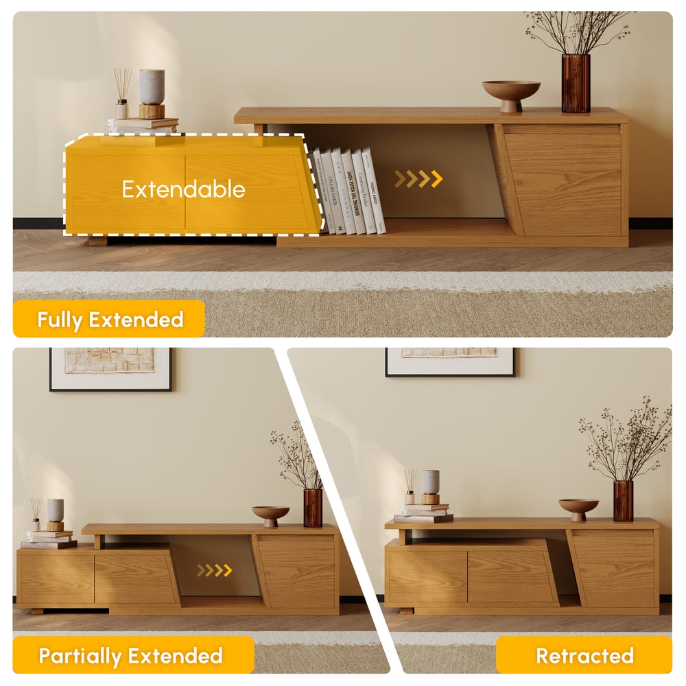 Meuble TV extensible Fero Natural avec 3 tiroirs (1200 mm-1800 mm) image de fenêtre