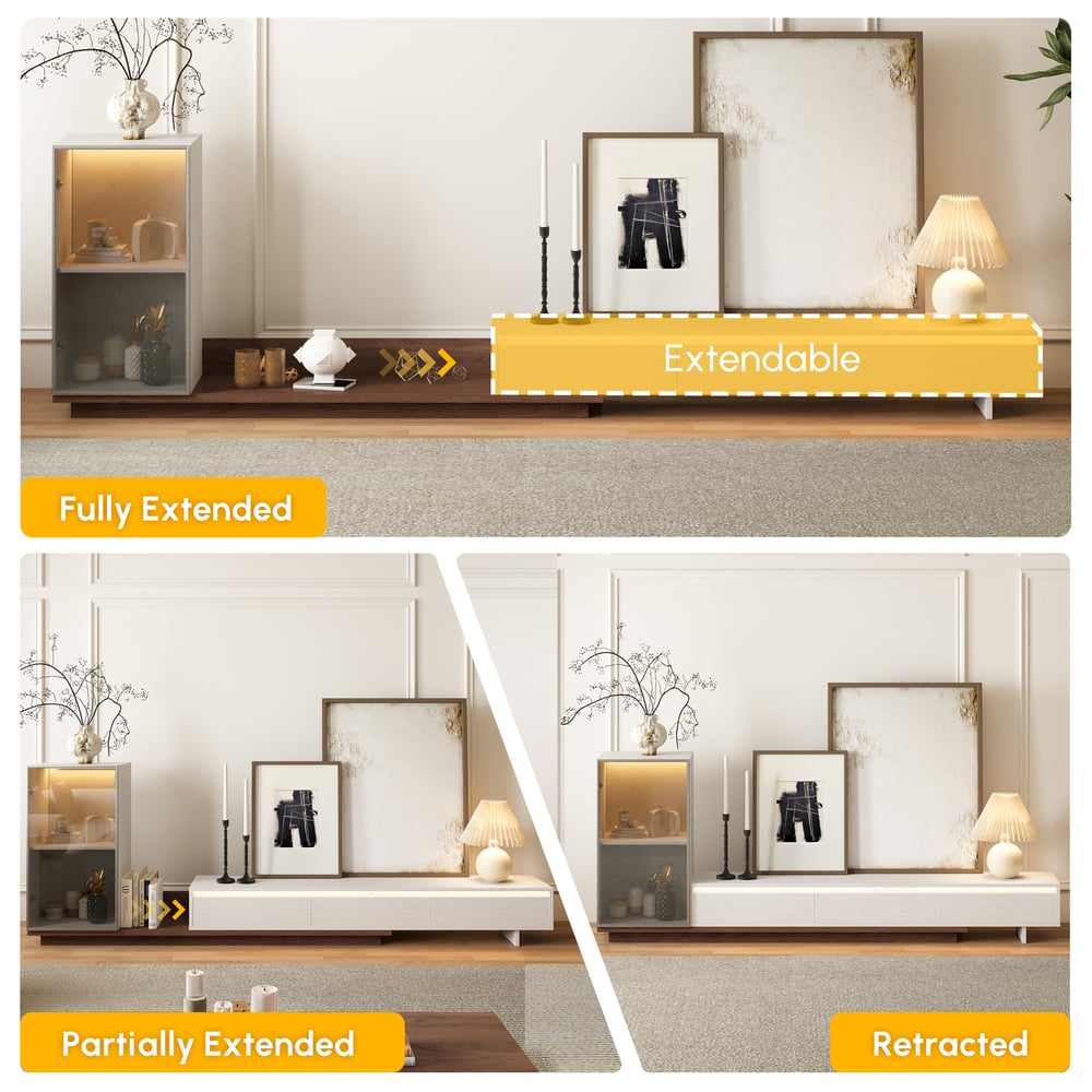 Fero White & Walnut Extendable TV Stand with Bookcase & LED Lighting(98"-155") window image