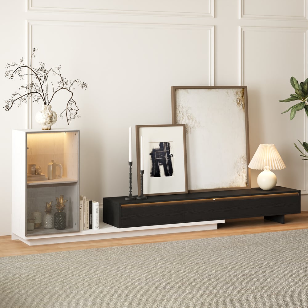 Fero White & Black Extendable TV Stand with Bookcase & LED Lighting(98"-155") window image