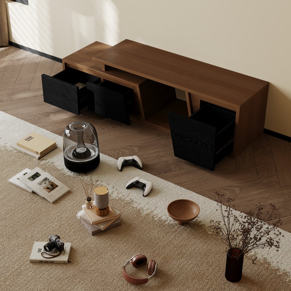 Fero Black & Walnut Extendable TV Stand with 3 Drawers(47"-71") window image