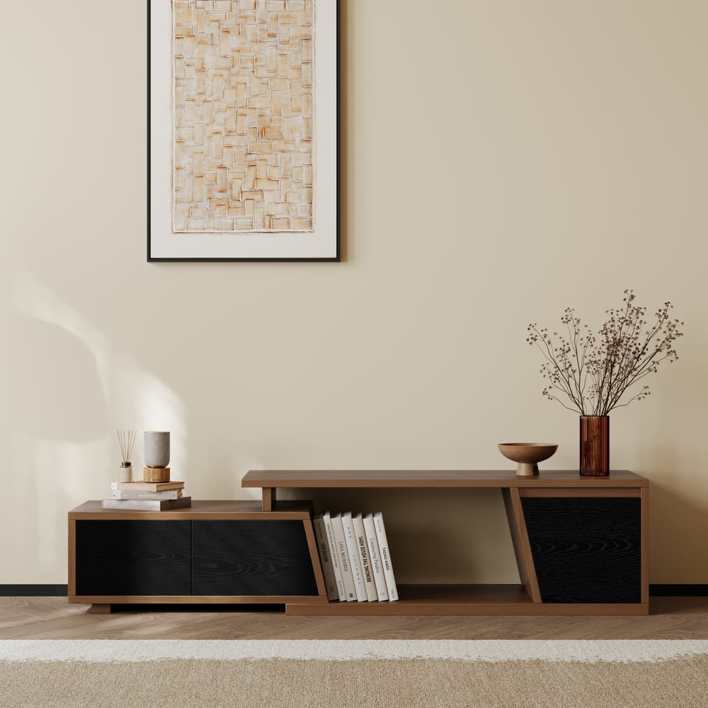 Fero Black & Walnut Extendable TV Stand with 3 Drawers(47"-71") window image